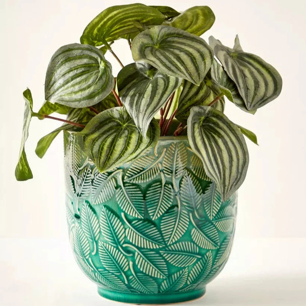 Green Rustic Leaf Patern Glazed Ceramic Flower Pot