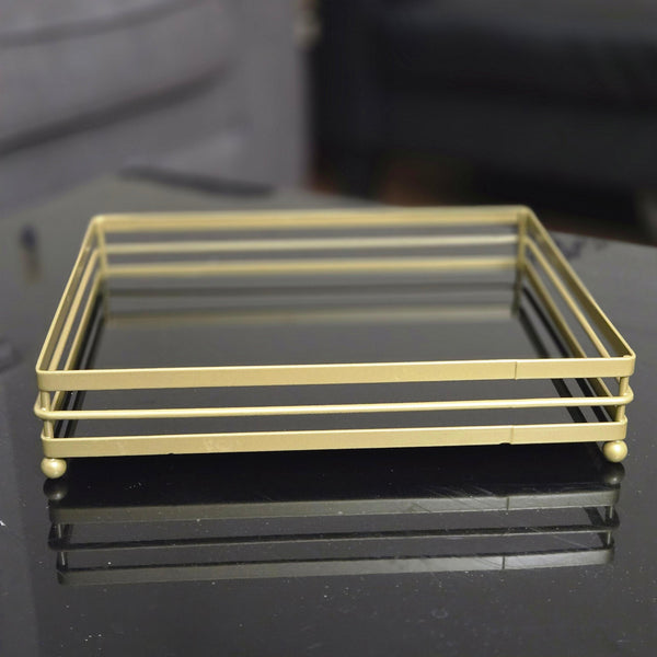 Gold Black Mirror Vanity Tray - Square Flat Wire Design