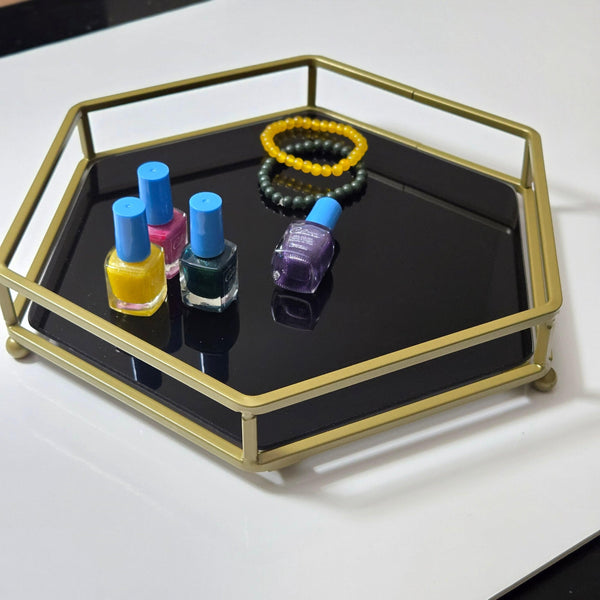 Hexagon Gold Black Mirror Vanity Tray