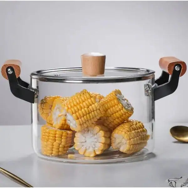 Transparent Glass Stew Pot with Wooden Handles (3.2L)