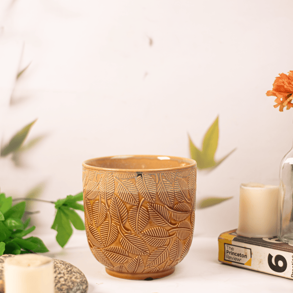 Brown Rustic Leaf Patern Glazed Ceramic Flower Pot