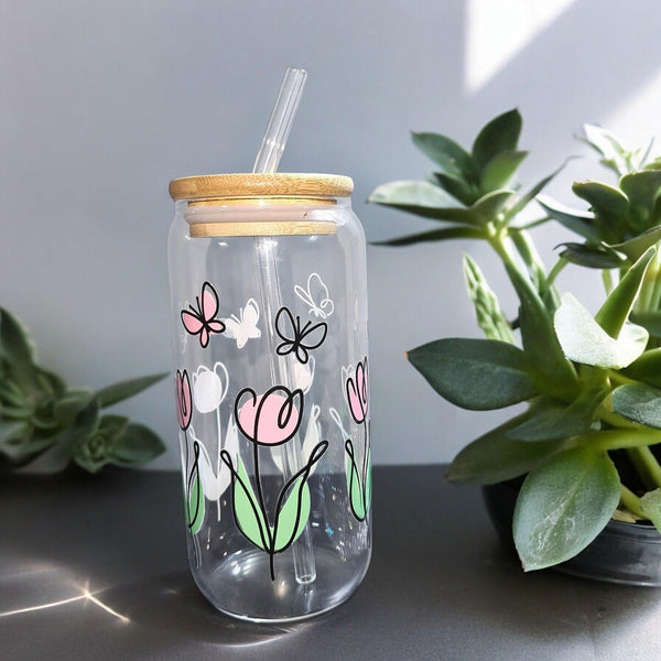 Tulip & Butterfly Glass Tumbler (500ml)