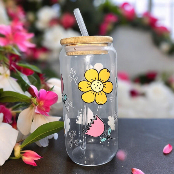 Yellow Flower Glass Tumbler (500ml)