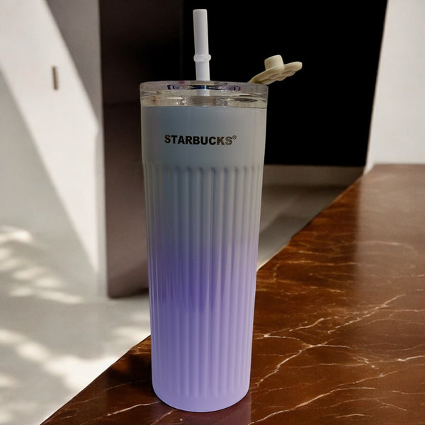 Gradient Ribbed Stainless Steel Tumbler with Lid and Straw