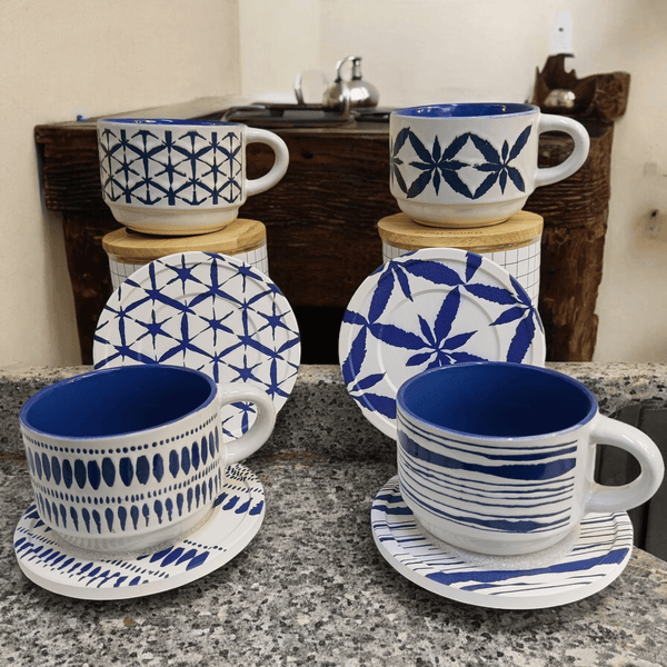 Blue and White Artistic Patterns - Ceramic Mugs with Coasters