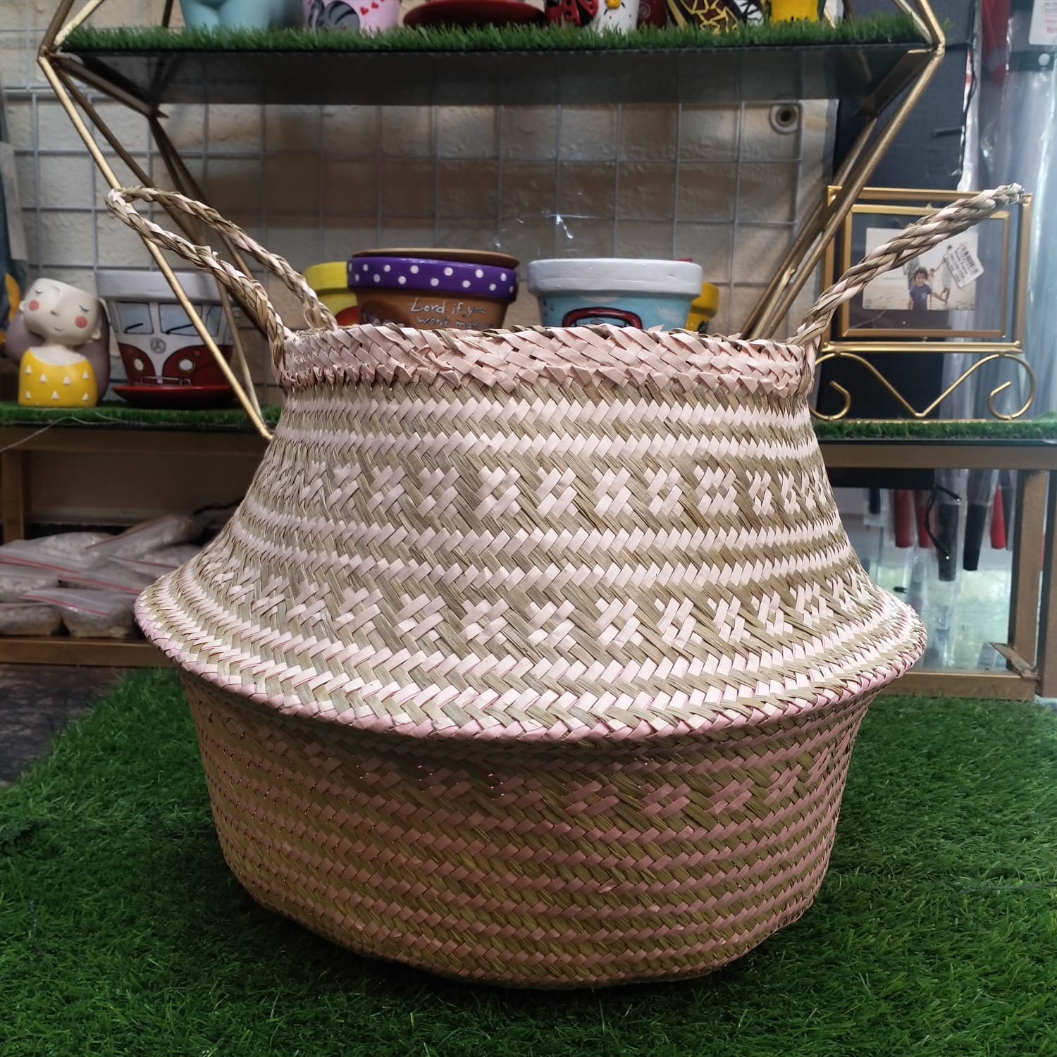 Seagrass Rattan Basket (XL)- Pink Base